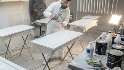 Professional cabinet painting process in Aurora, CO using spray and brush for smooth kitchen finishes