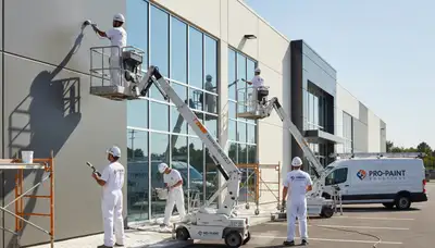 Professional commercial painters finishing office exterior in Aurora, CO