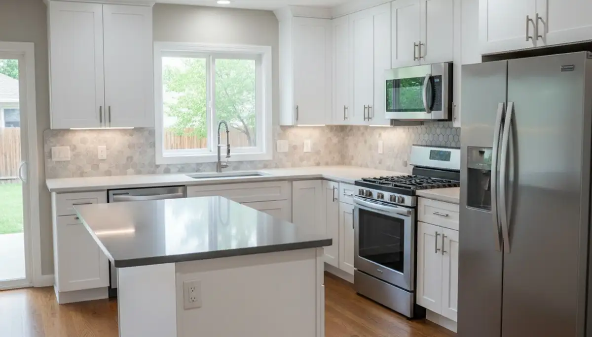 Refinished kitchen cabinets in Aurora, CO with smooth, durable paint finish by local commercial painters