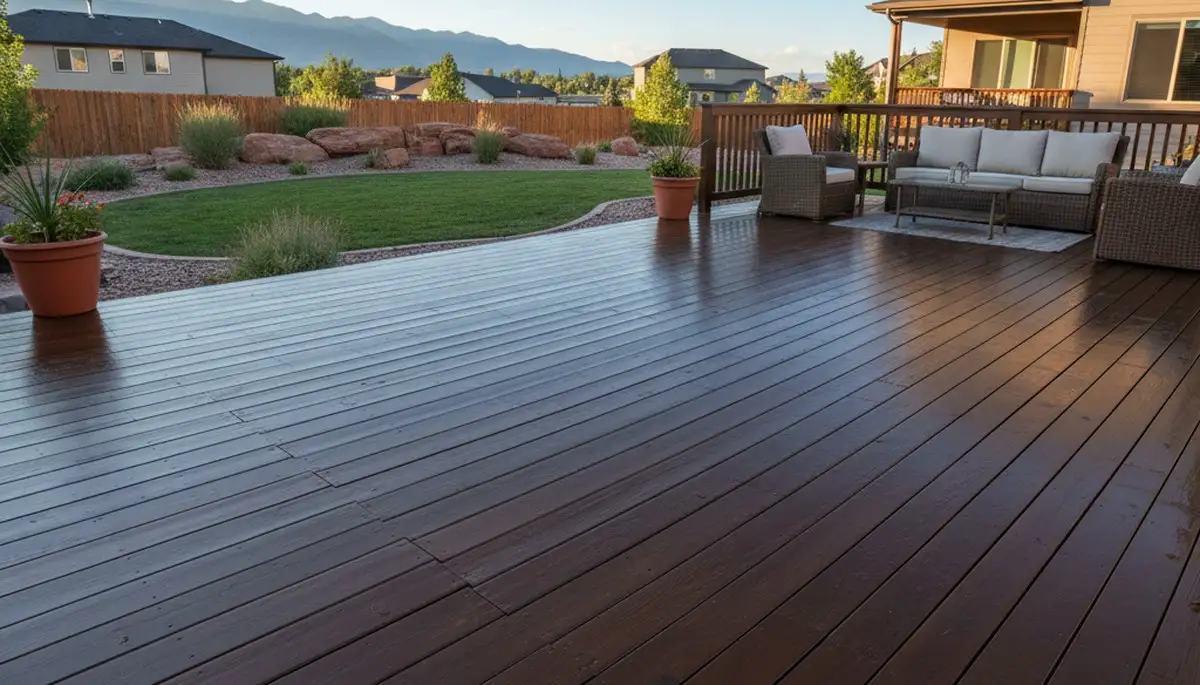 Finished deck staining in Aurora, CO showing restored wood color and protective finish by local painting pros