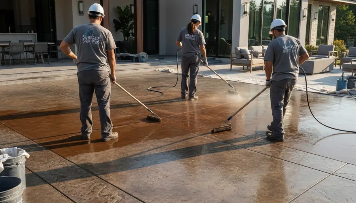 Professional concrete staining on Aurora CO patio showcasing durable decorative floor finish