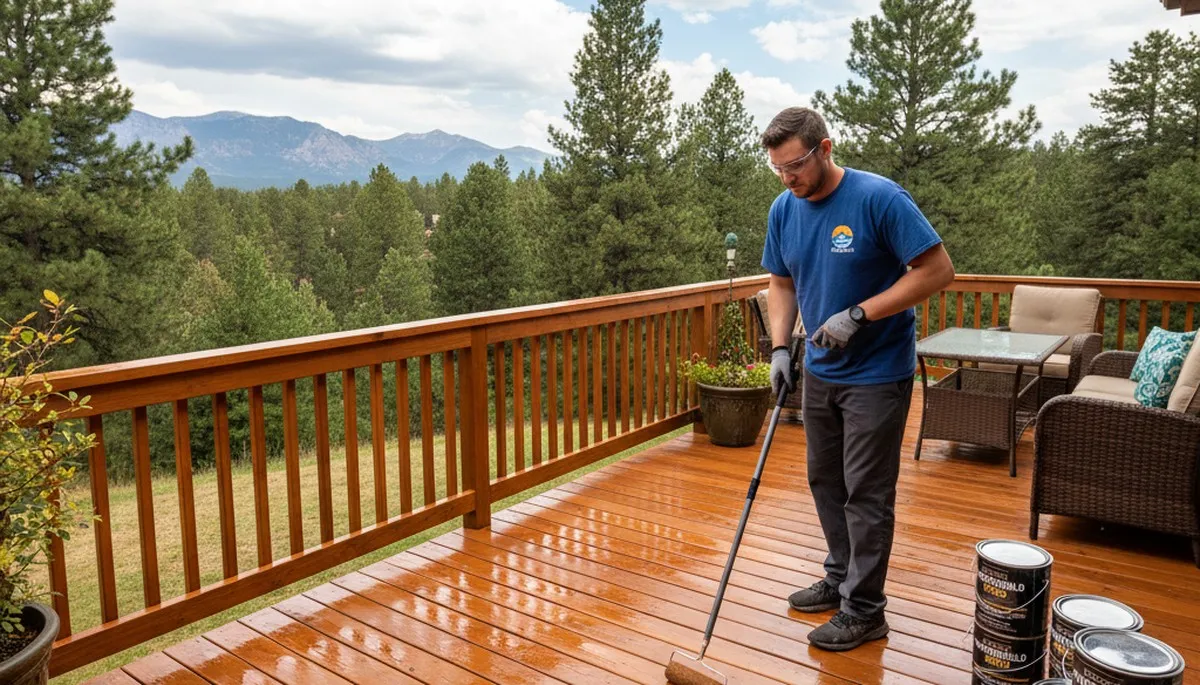 Professional deck staining in Aurora, CO enhancing wood grain and protecting outdoor surfaces from UV damage