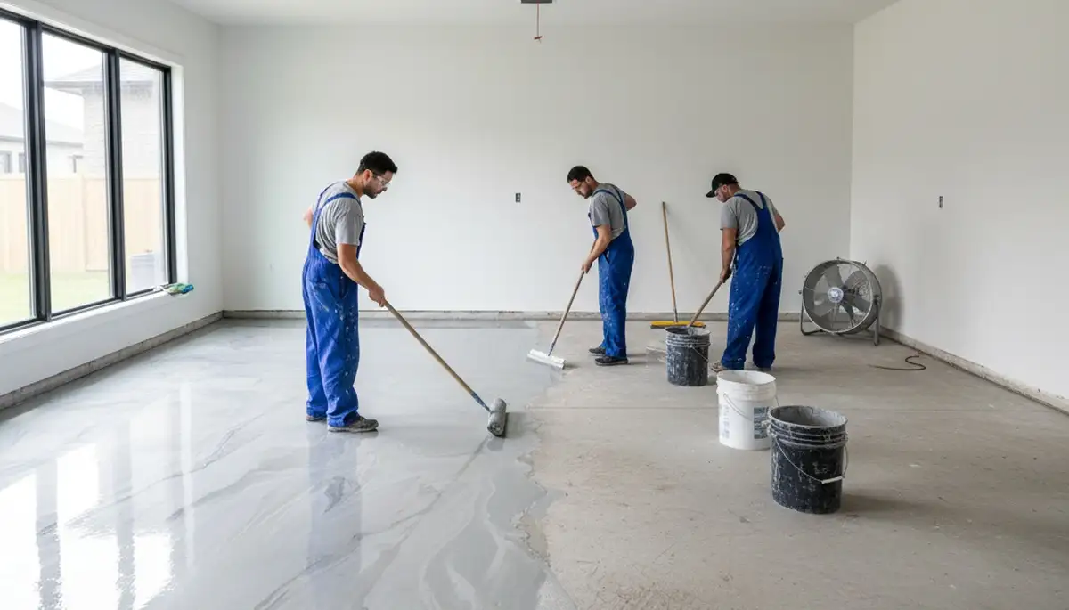 Epoxy floor coating in Aurora CO garage by professional house painters for durable flooring finish