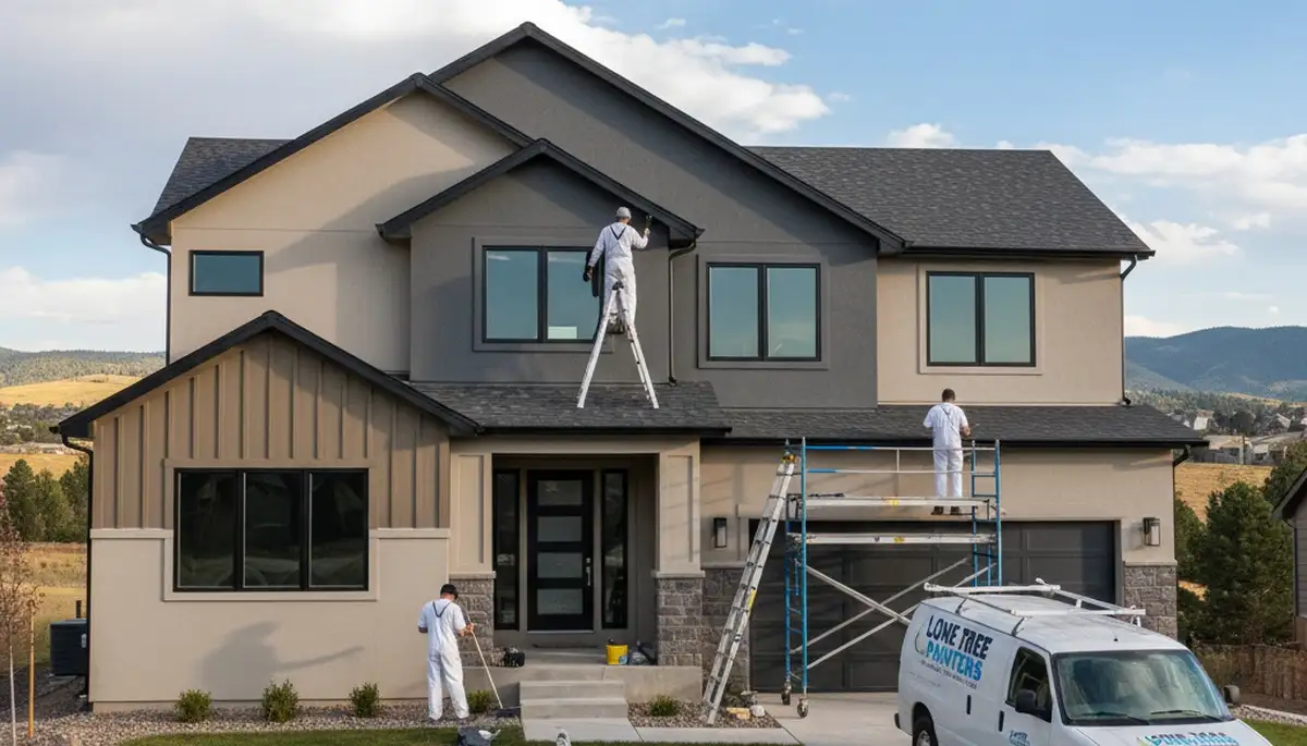 Aurora, CO house painting service team applying exterior paint to a home