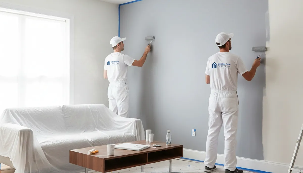 Professional interior house painters finishing living room walls in Aurora, CO