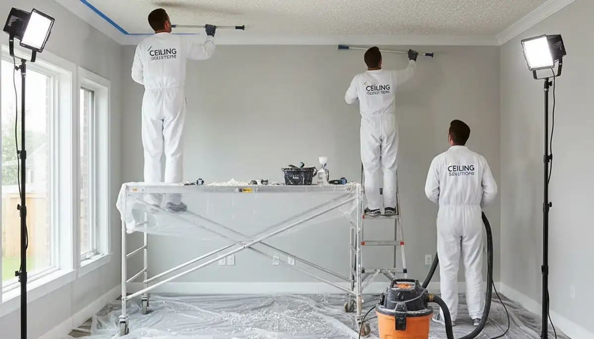 Painter removing popcorn ceiling and refinishing smooth surface in Aurora, CO home interior