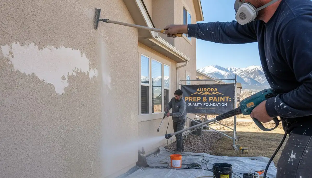 Exterior stucco prep and repair work by professional painters in Aurora, CO for lasting paint adhesion