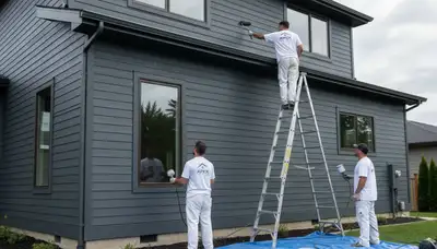 Professional siding painting on Aurora CO home exterior by expert house painters